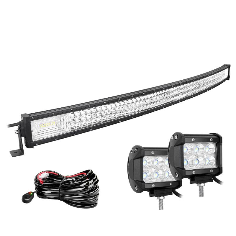 Willpower 50 Zoll 127CM 648W Led Arbeitsscheinwerfer Bar Gebogen + 2pcs 4 Zoll Led Scheinwerfer + Kabelbaum 12V 24V LED Bar für Offroad Auto Traktor Zusatzscheinwerfer Rückfahrscheinwerfer Lightbar von Willpower