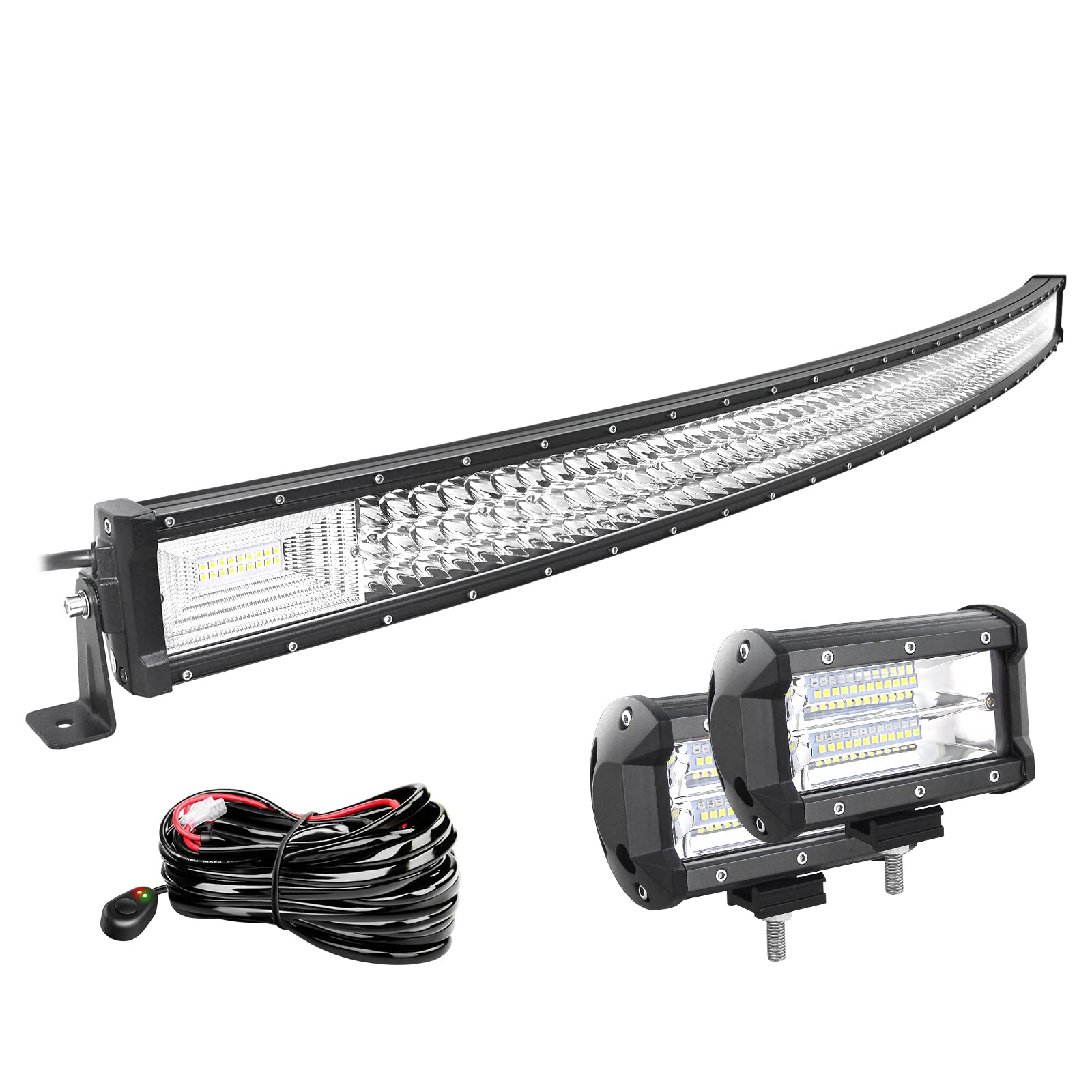 Willpower 52 Zoll 132CM 675W Led Arbeitsscheinwerfer Bar Gebogen + 2pcs 5 Zoll Led Scheinwerfer + Kabelbaum 12V 24V LED Bar für Offroad Auto Traktor Zusatzscheinwerfer Rückfahrscheinwerfer Lightbar von Willpower