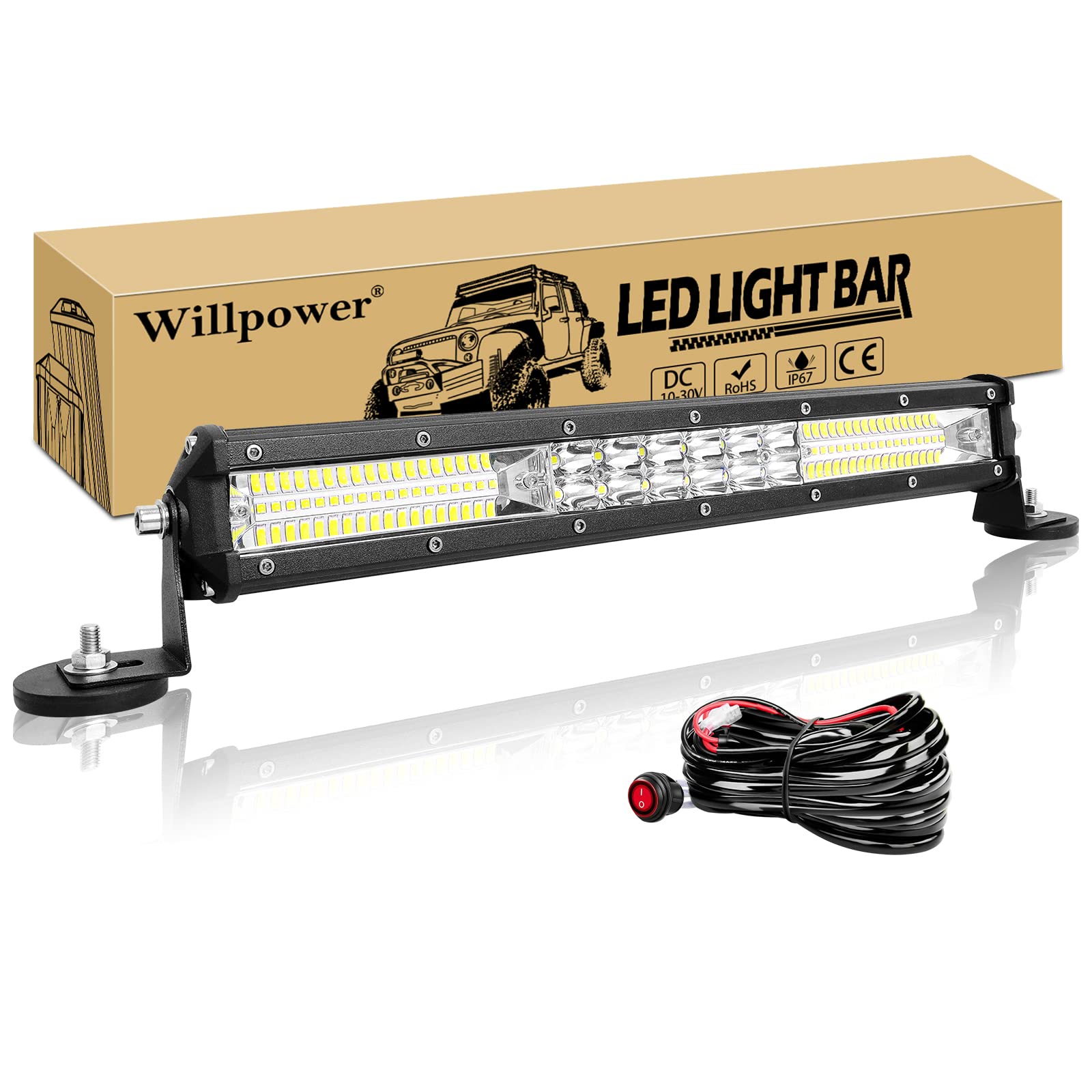 Willpower Led Arbeitsscheinwerfer Bar Traktor 15 Zoll 144W + Magnet Halterungen + Kabelbaum Led Scheinwerfer 12V 24V Zusatzscheinwerfer IP67 Wasserdicht LED Light bar für Offroad Auto LKW 4x4 ATV von Willpower