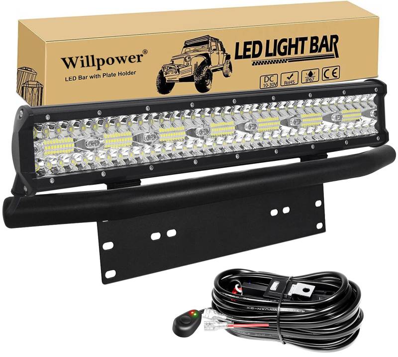 Willpower 20 Zoll 420W LED Arbeitsscheinwerfer Bar mit vorderer Nummernschild-Montagehalterung und Kabelsatz, Led Scheinwerfer 12v für Auto Bagger Anhänger Traktoren LKW SUV Offroad von Willpower