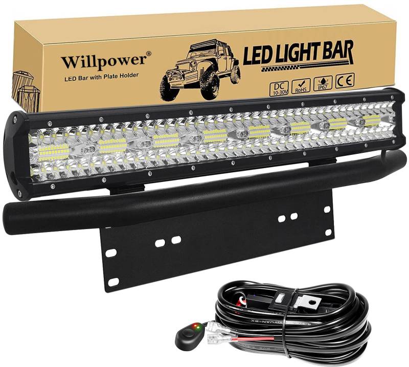 Willpower 23 Zoll 460W LED Arbeitsscheinwerfer Bar mit vorderer Nummernschild-Montagehalterung und Kabelsatz, Led Scheinwerfer 12v für Auto Bagger Anhänger Traktoren LKW SUV Offroad von Willpower