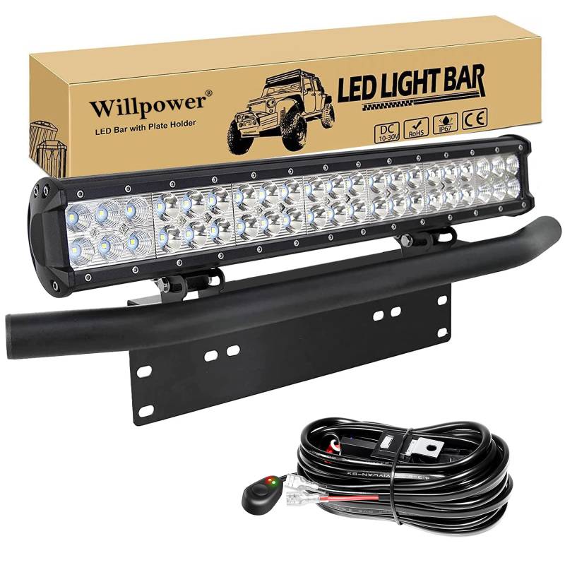 Willpower 20 Zoll 126W LED Arbeitsscheinwerfer Bar mit vorderer Nummernschild-Montagehalterung und Kabelsatz, Led Scheinwerfer 12v für Auto Bagger Anhänger Traktoren LKW SUV Offroad von Willpower