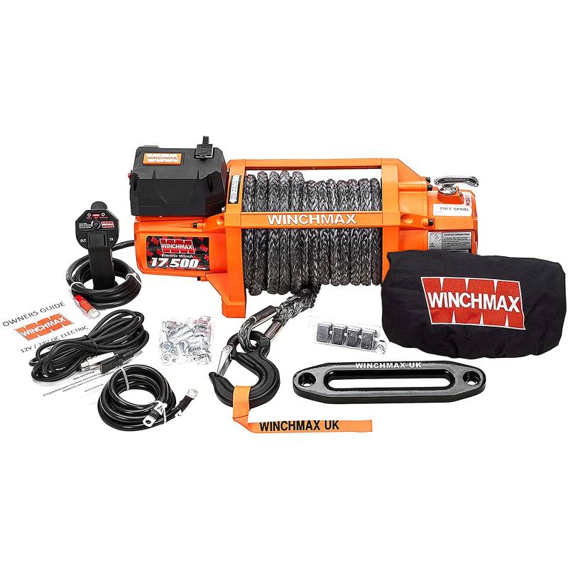 Winchmax 17500lb / 7938kg Original orange 12v elektrische Winde, 26m x 13mm Dyneema SK75 Mehrsträngiges Synthetisches Seil. Wettkampfhaken. Drahtlose Fernbedienung von Winchmax