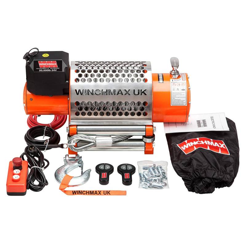 Winchmax 20000 lb / 9072 kg Original orangefarbene 24v elektrische Winde für schwere Bergung. 25m x 14mm Stahlseil und 1/2 Scharnierhaken. Doppelte drahtlose Fernbedienung. von Winchmax