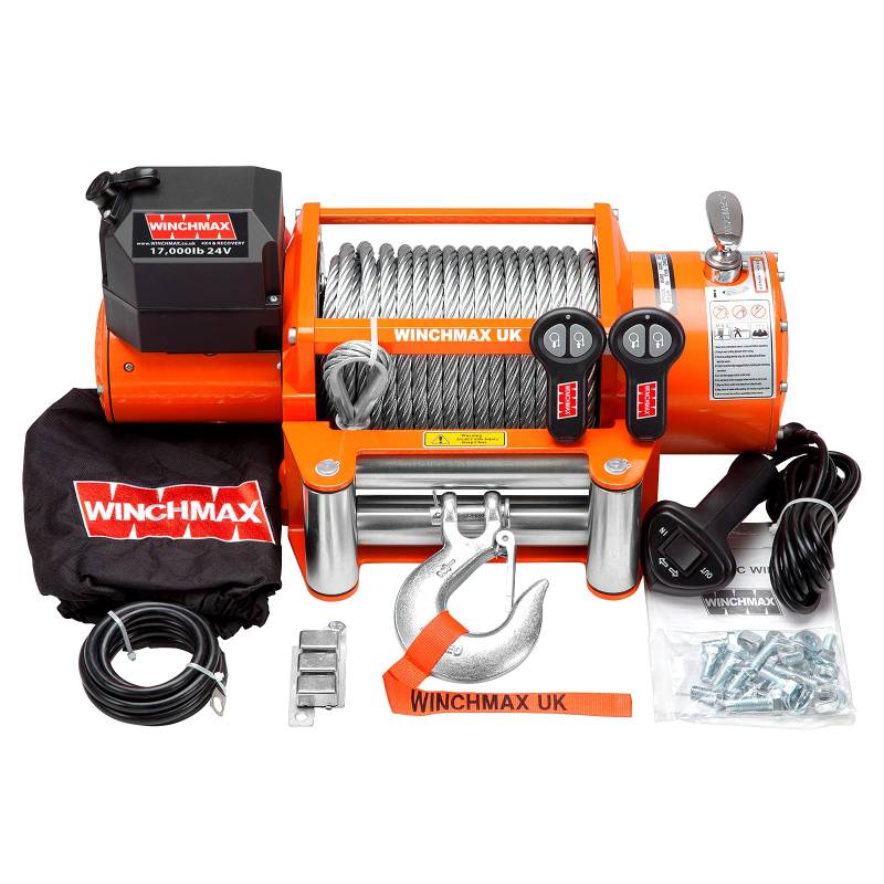 Winchmax 17000lb / 7711kg Original orange 24v elektrische Winde, 26m 12mm mehrsträngiges Stahlseil mit 1/2 Zoll Gabelkopfhaken. Zwei drahtlose Fernbedienungen von Winchmax