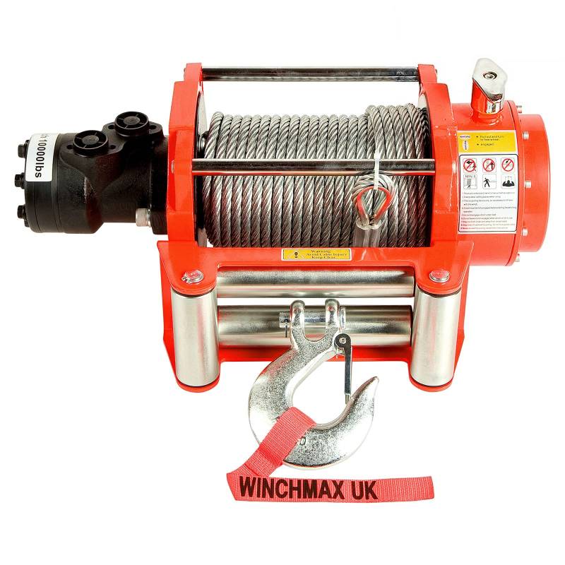 Winchmax 10000lb / 4536kg Hydraulische Winde in Original Orange. Inklusive Fairlead, 25m x 9,1mm verzinktem Stahldrahtseil und einem 3/8-Zoll-Gabelhaken. von Winchmax