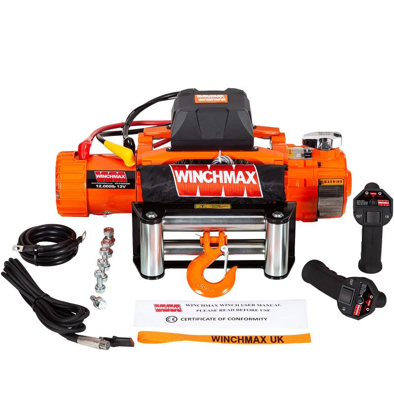 Winchmax 12000lb / 5443kg Original orange 12v elektrische Winde. Zwei Geschwindigkeit. 26 m x 9,5 mm verzinktes Stahldrahtseil. 3/8 Zoll Gabelkopfhaken. Drahtlose Doppelfernbedienung von Winchmax