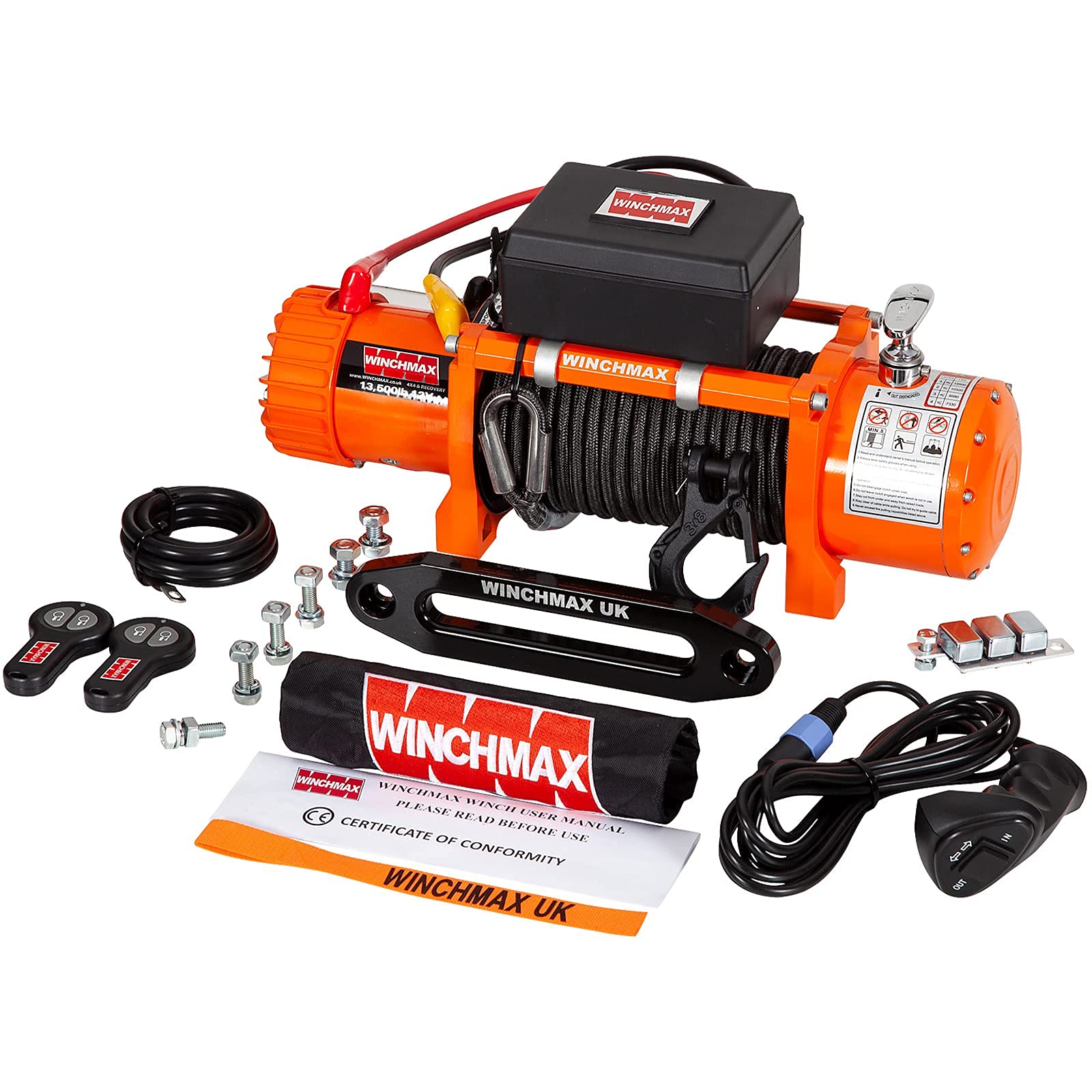 WINCHMAX 13500lb / 6123kg Original orange 12v elektrische Winde. 25m x 10mm Armourline doppelt geflochtenes synthetisches Seil. 3/8 Zoll taktischer Gabelkopfhaken. Doppelte drahtlose Fernbedienung. von WINCHMAX