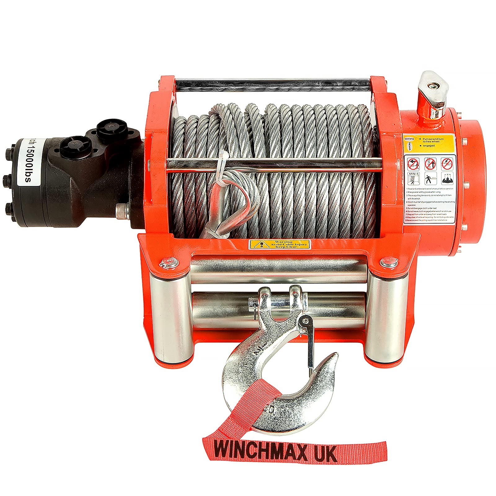 Winchmax 15000 lb / 6804 kg Original orangefarbene hydraulische Winde. 25m x 12mm Stahlseil. 1/2 Zoll Gabelhaken von Winchmax