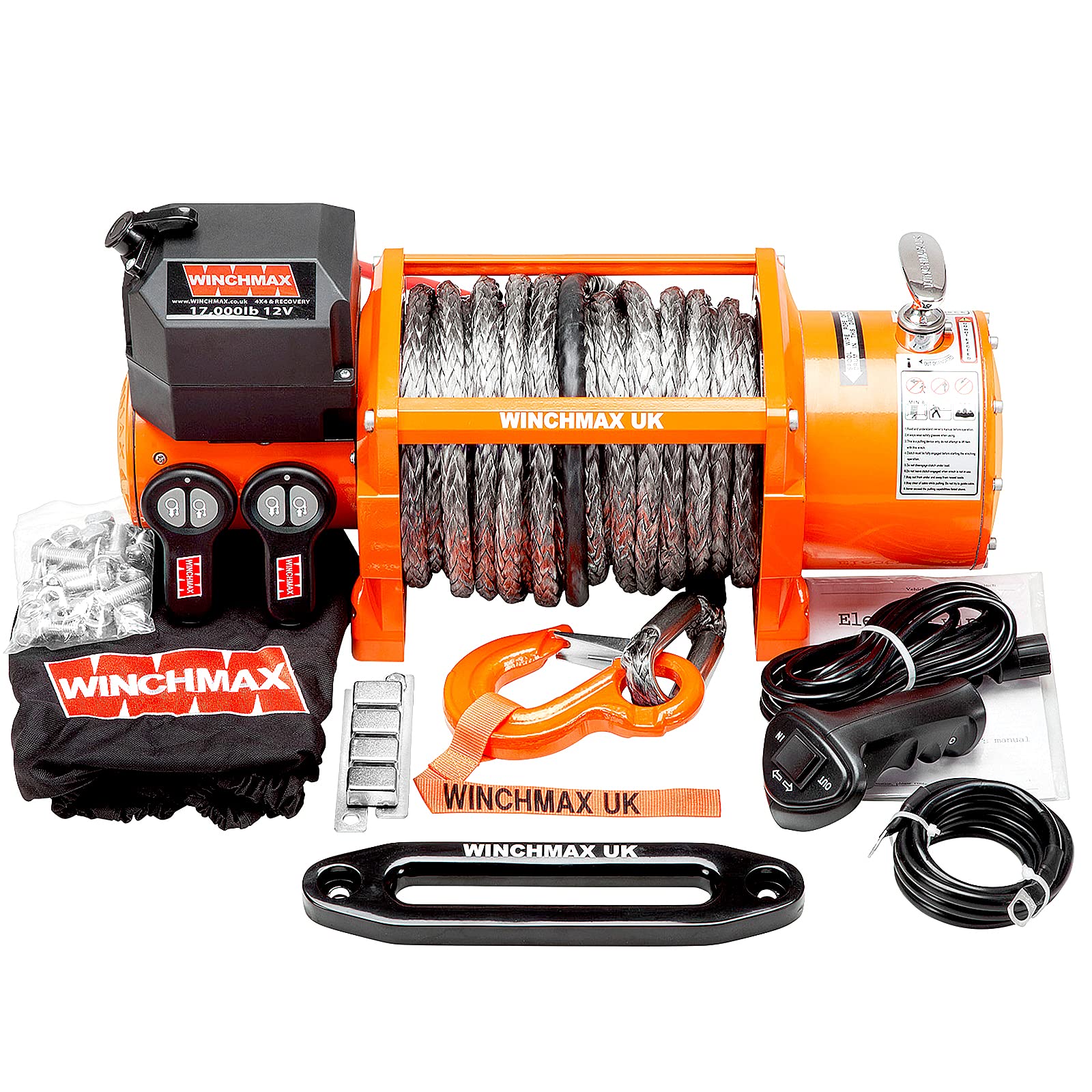 Winchmax 17000lb / 7711Kg Original orange 12v elektrische Winde, 30m 13mm Dyneema SK75 mehrsträngiges Synthetisches Seil mit Wettkampfhaken. Fernbedienungen mit Zwei Handsets von Winchmax