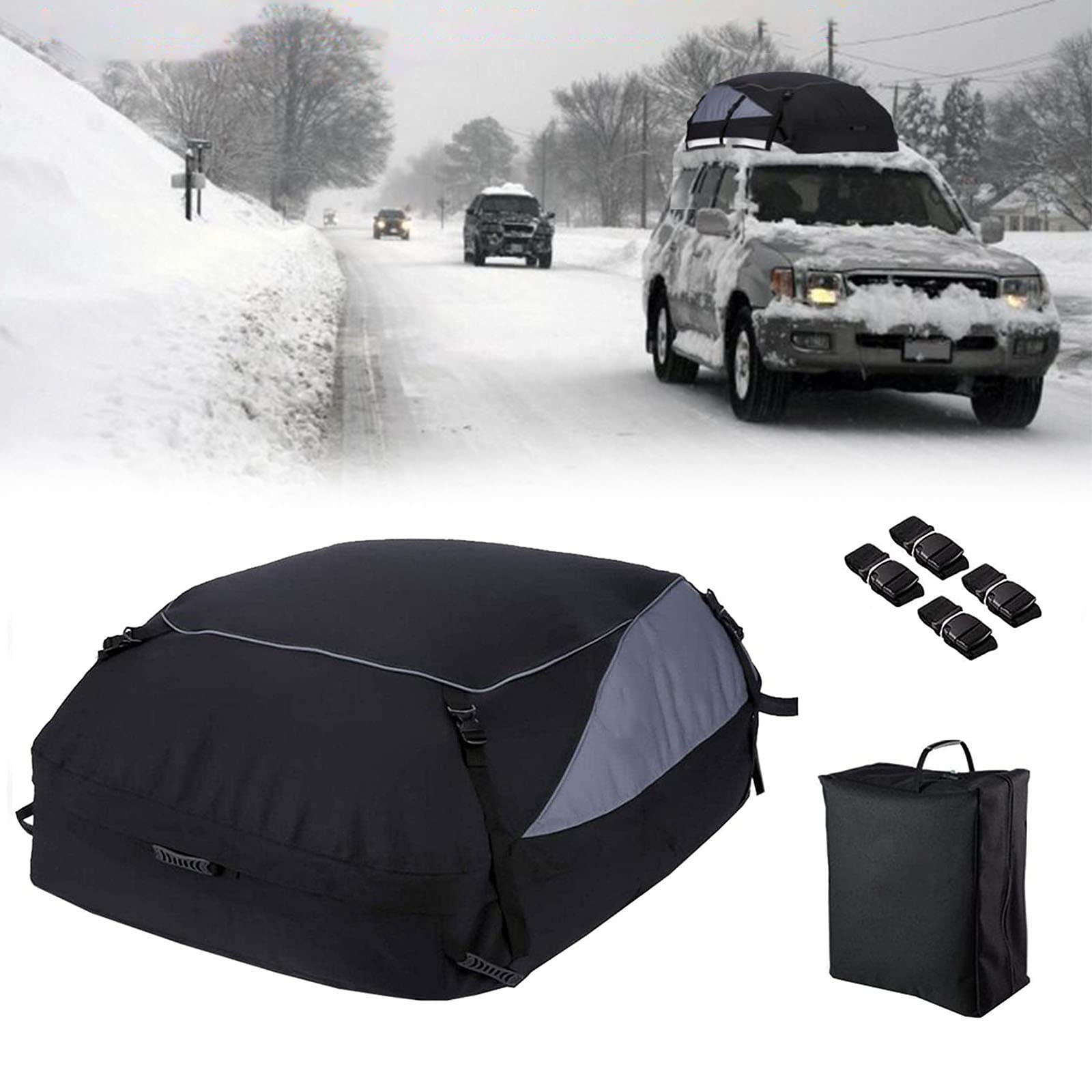 Auto Dachbox 425L Faltbare Auto Dachkoffer Gepäckbox Wasserdicht Tragbar Dachgepäckträger Tasche Dachboxen Aufbewahrungsbox für Reisen und Gepäcktransport, 15 Kubikfuß, Schwarz von WingFly