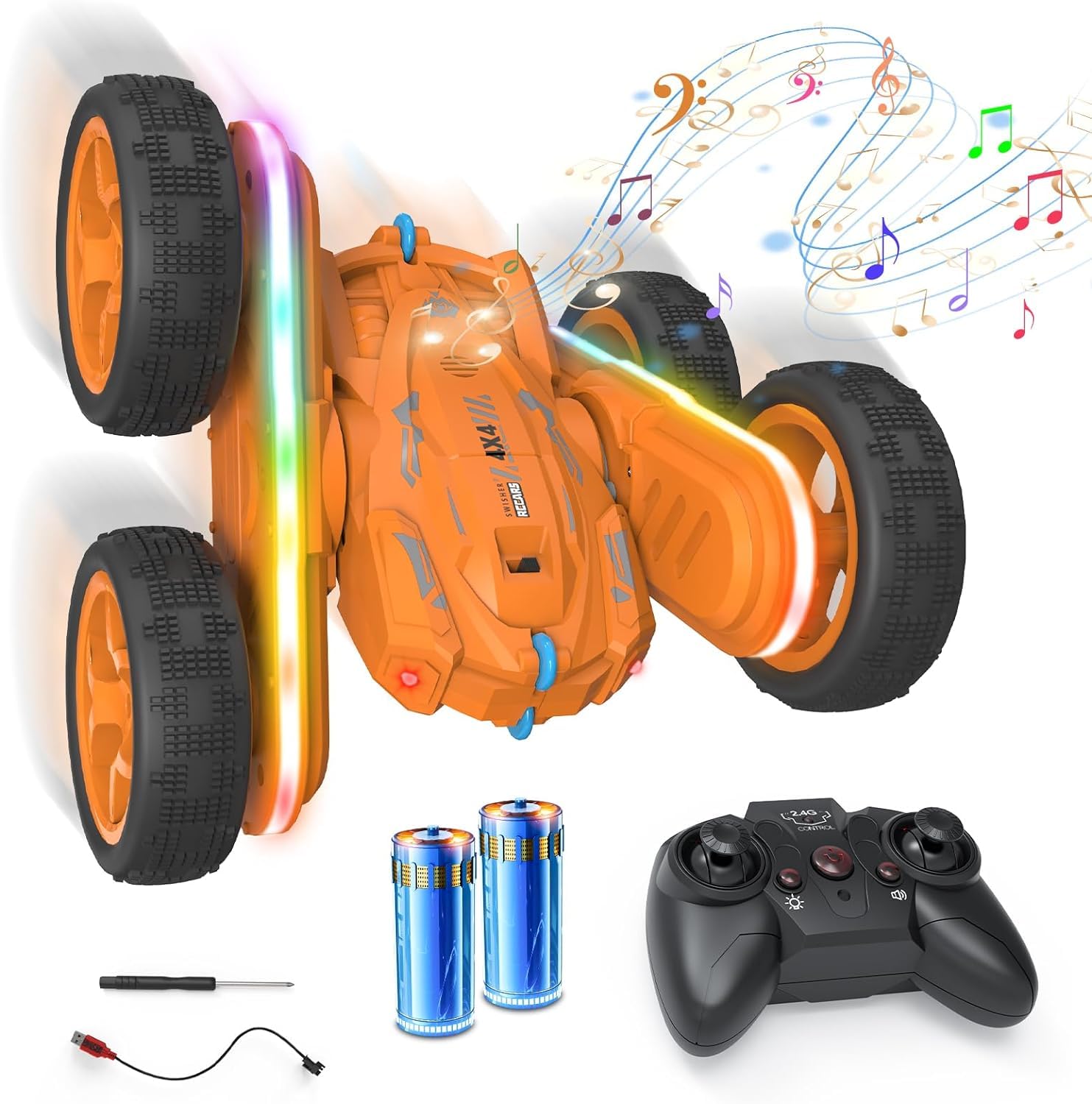 Ferngesteuertes Auto, RC-Stunt-Auto mit Universalrädern, 40 Mins Spielzeit, Allradantrieb, doppelseitige 360° drehbare Fernbedienung mit Musik und Scheinwerfern, Outdoor-Spielzeug für Kinder (Orange) von Wipkviey
