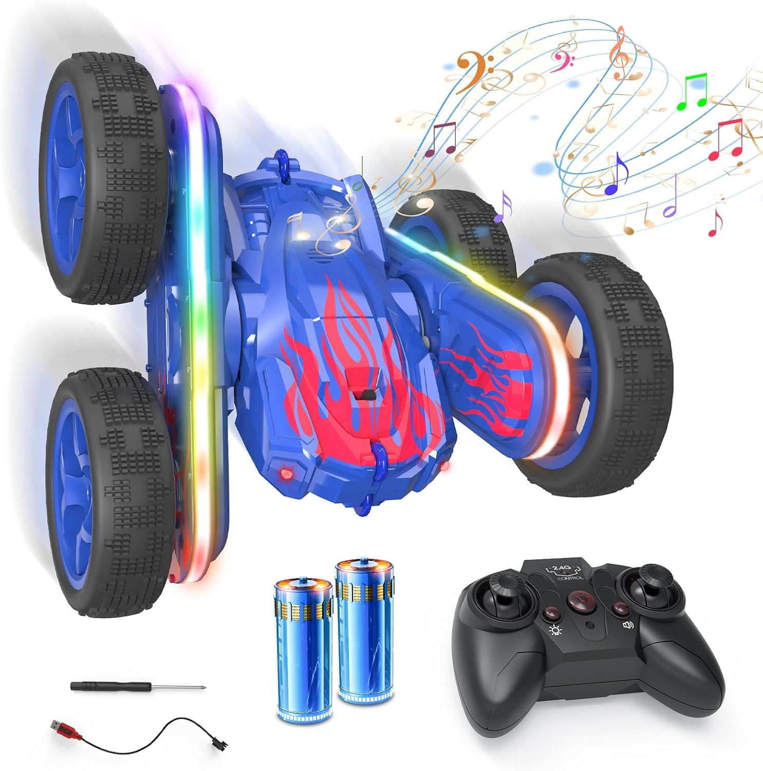 Ferngesteuertes Auto, RC-Stunt-Auto mit Universalrädern, 40 Minuten Spielzeit, Allradantrieb, doppelseitige 360° drehbare Fernbedienung mit Musik und Scheinwerfern, Outdoor-Spielzeug für Kinder (Blau) von Wipkviey