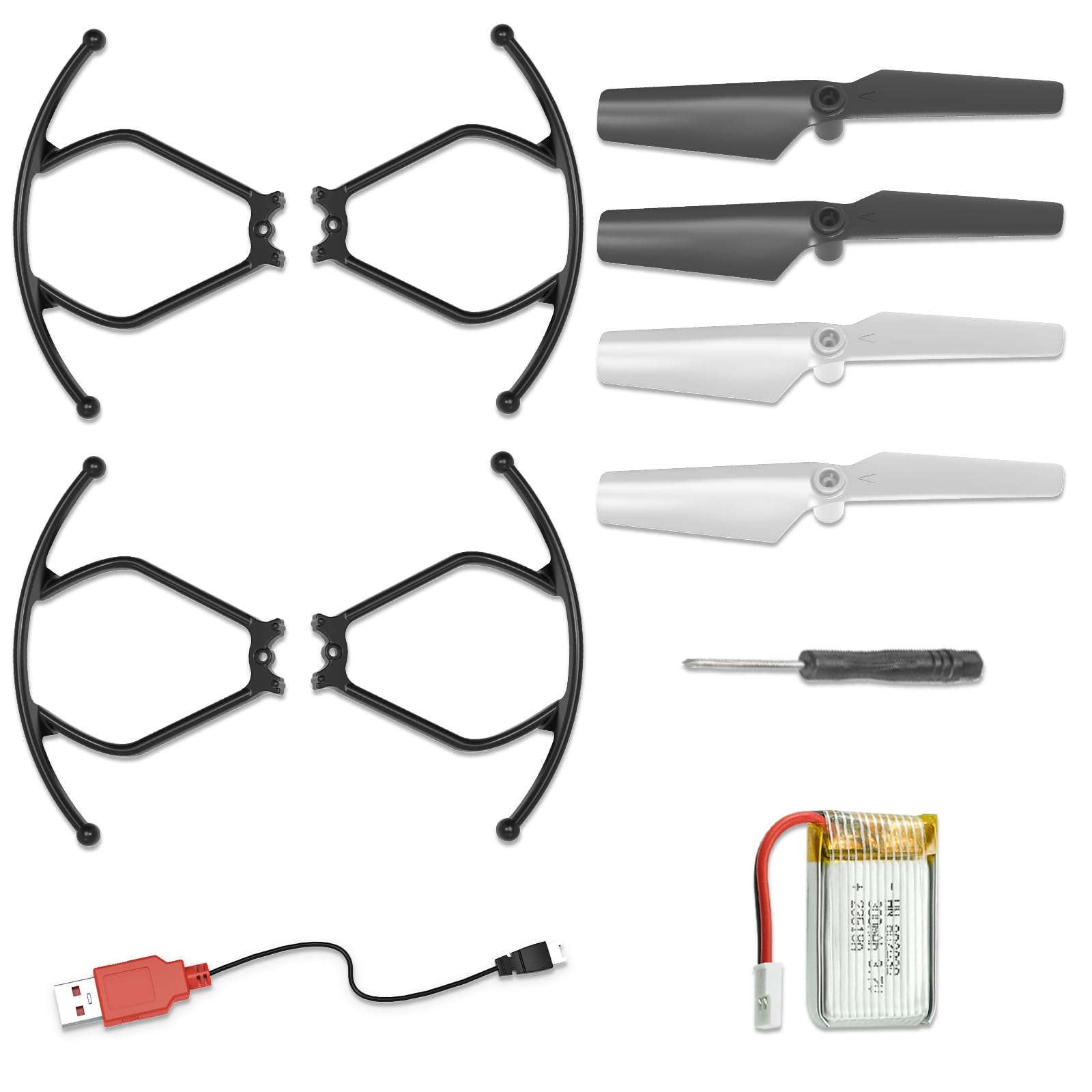 Wipkviey T16 Drohne Ersatz-Kit, einschließlich Propellerschutz, austauschbarer Propeller, Schraubendreher, 1 x 3.7V 300mAh modularer wiederaufladbarer LiPo-Akku, Ladekabel von Wipkviey