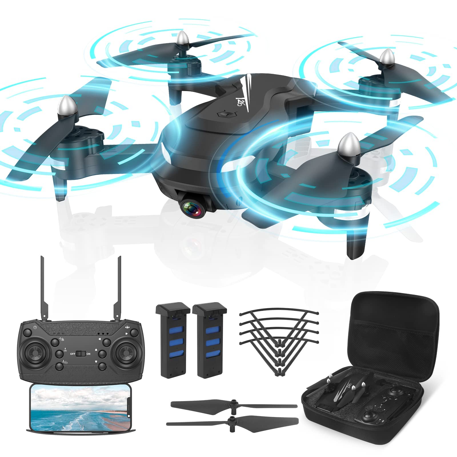 Wipkviey T26 Drohne mit Kamera 1080P, RC Faltbare FPV Quadcopter mit 2 Batterien, 26-30 Min. Flug, 3D Flip, Schwerkraftsensor, Headless Mode, Ein-Tasten-Start/Landung von Wipkviey