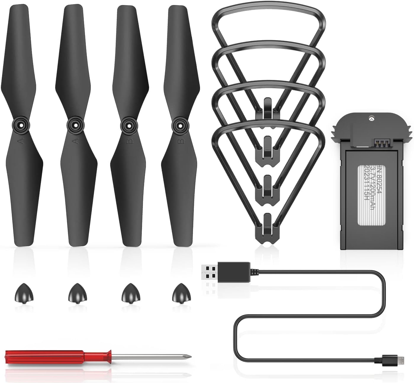 Wipkviey T6 Drohne Ersatzzubehör Kit mit Propellerschutz, Propellerdeckel, Ersatzklingen, Schraubendreher, 1 x Modular 3,7V 1200mAh Li-Po Akku Ladekabel von Wipkviey