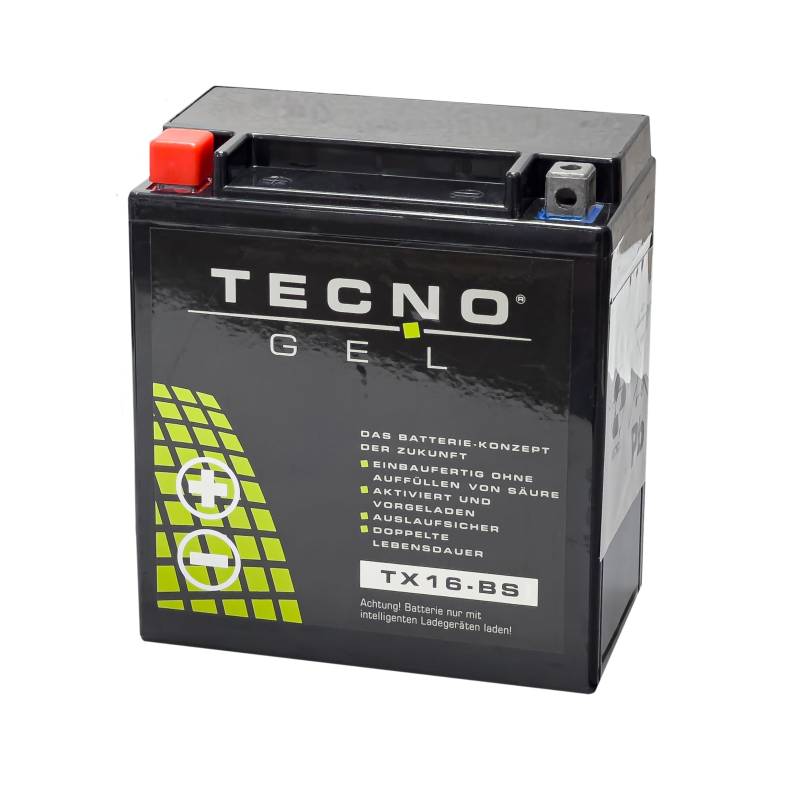 TECNO-GEL Motorrad-Batterie für YTX16-BS, 12V Gel-Batterie 16Ah (DIN 51490), 150x87x161 mm von Wirth-Federn