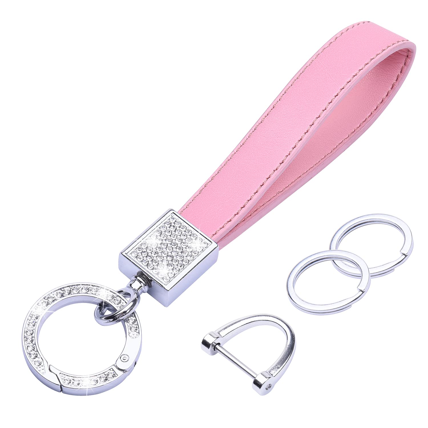 Wisdompro Schlüsselanhänger Auto Strass, Schlüsselanhänger Leder mit 1 D-Ring, 1 Schraubendreher, 2 Schlüsselringe, Keychain für Frauen sind Geschenke für Familie, Freunde (Rosa) von Wisdompro