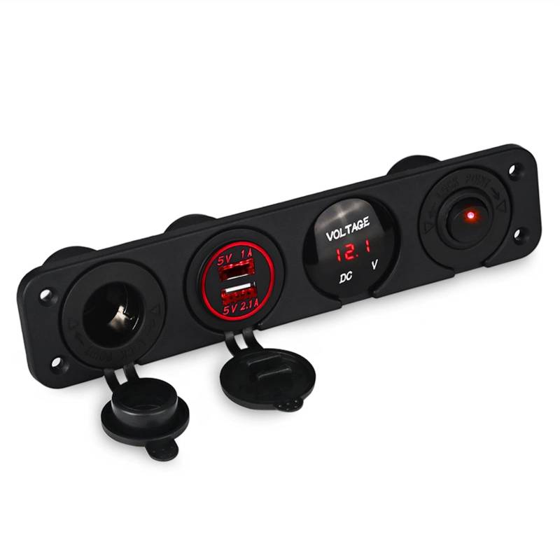 Wivplex 4-Loch-Panel-Basis, Dual-USB-Voltmeter, Steckdose, Zigarettenanzünder-Schalter, for Auto-LKW-Boot-Zubehör-Schalterpanel Kippschalterfeld(Red) von Wivplex