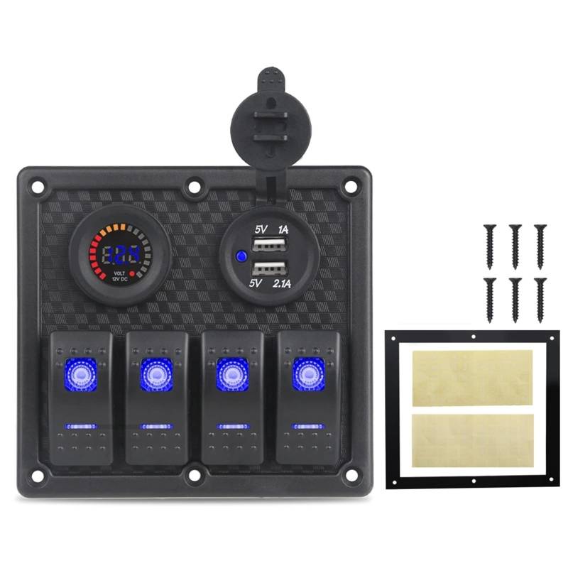 Wivplex for 12v 24V Auto Boot Wippschalter Panel Digital Voltmeter Dual USB Ladegerät 4 Gang Wippschalter Marine Schalter Panel Circuit Breaker Kippschalterfeld(Blue) von Wivplex