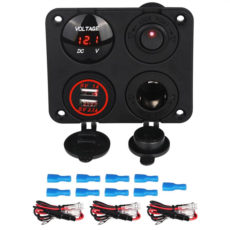 Wivplex for Auto Feuerzeug Buchse Splitter Marine Auto RV LKW 4 Loch Panel Dual USB Ladegerät Voltmeter 12V Buchse Schalter Panel Kippschalterfeld(Red) von Wivplex