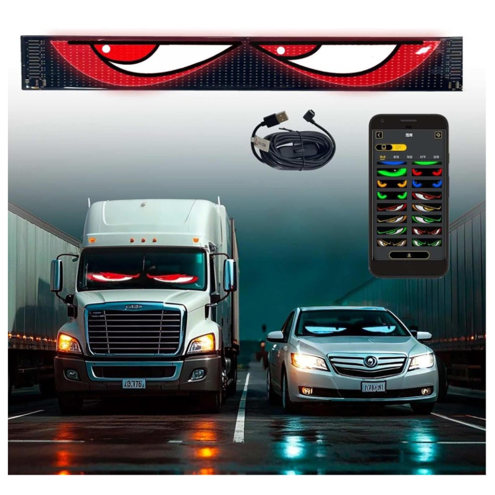 𝐋𝐄𝐃 Augen für LKW frontscheibe, Smartphone Ste𝑢er𝑢𝐧𝐠 𝐋𝐄𝐃 Augen Auto Einfache Installation Partys,7.55in*69.3in von Wizvox