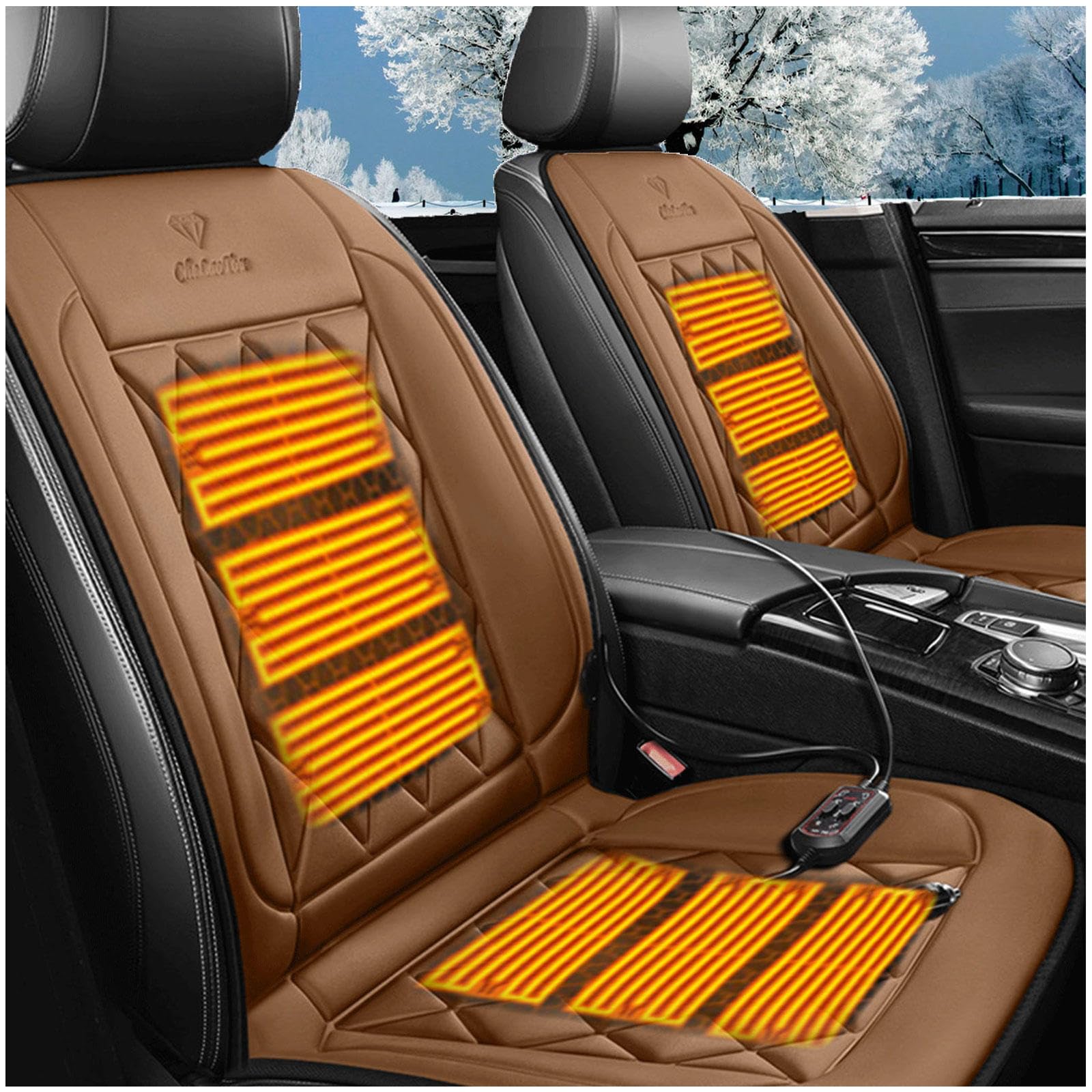 Wizvox 12V Sitzheizung Auto Auflage, rutschfest Und VerschleißFest, Einstellbare Temperatur, 30 °C–65 °C Sitzauflage Auto, Compatible with 95% of Cars,Brown von Wizvox