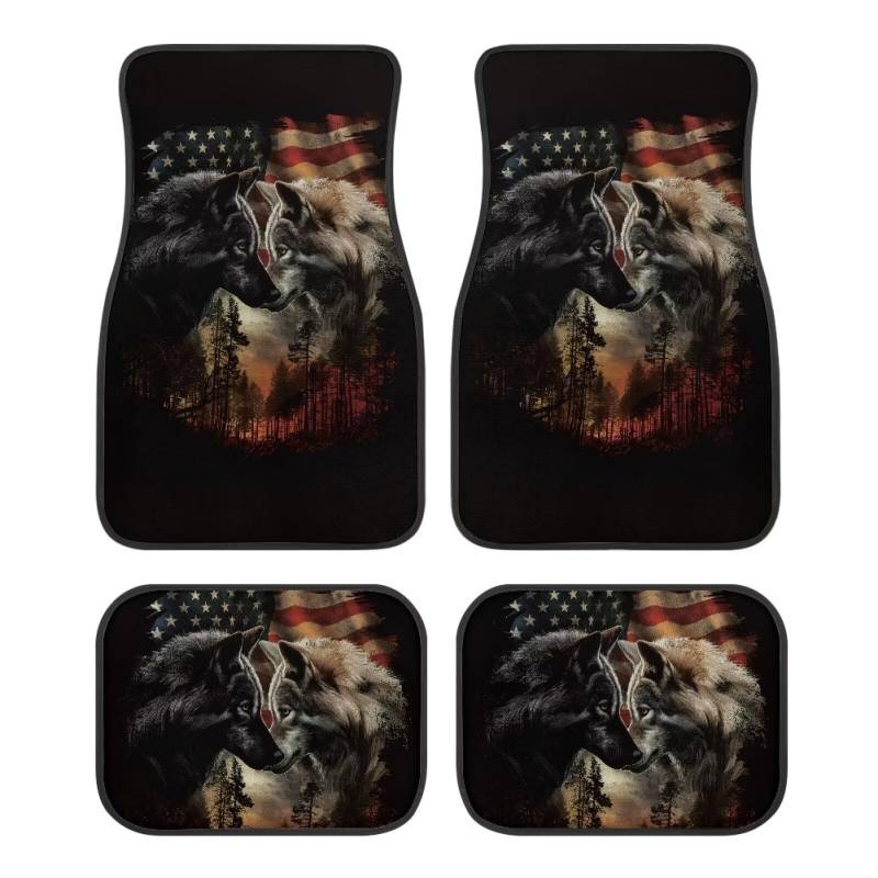 Woisttop American Flag Wolf Auto-Fußmatten, komplettes Set für Herren, universelle Passform, für vorne und hinten, Universalgröße für Auto, LKW, Van, SUVs von Woisttop