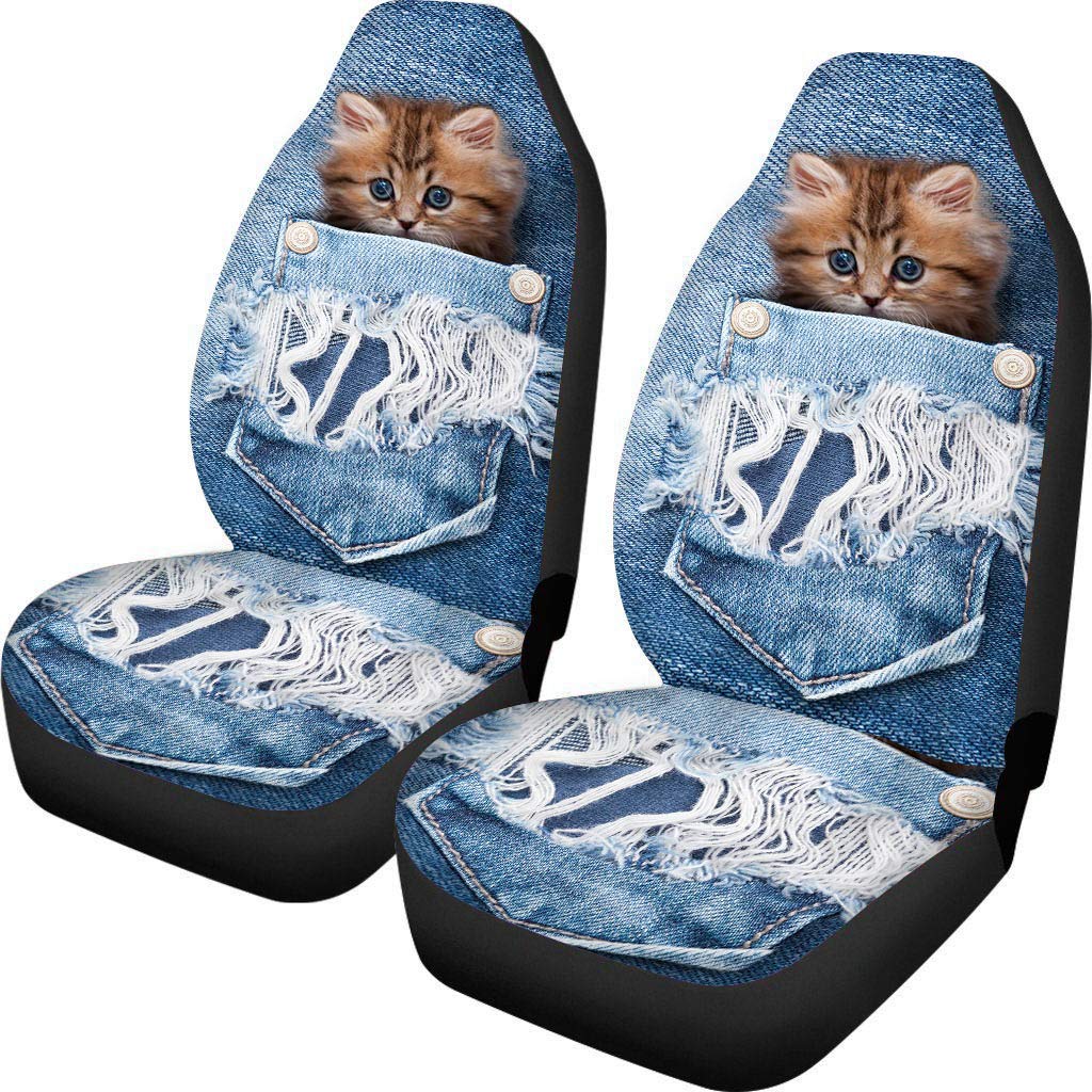 Woisttop Pocket Cat Vordersitzbezüge, 2-teiliges Set, Autoschoner, blauer Denim, passend für die meisten PKW, LKW, SUV oder Van von Woisttop