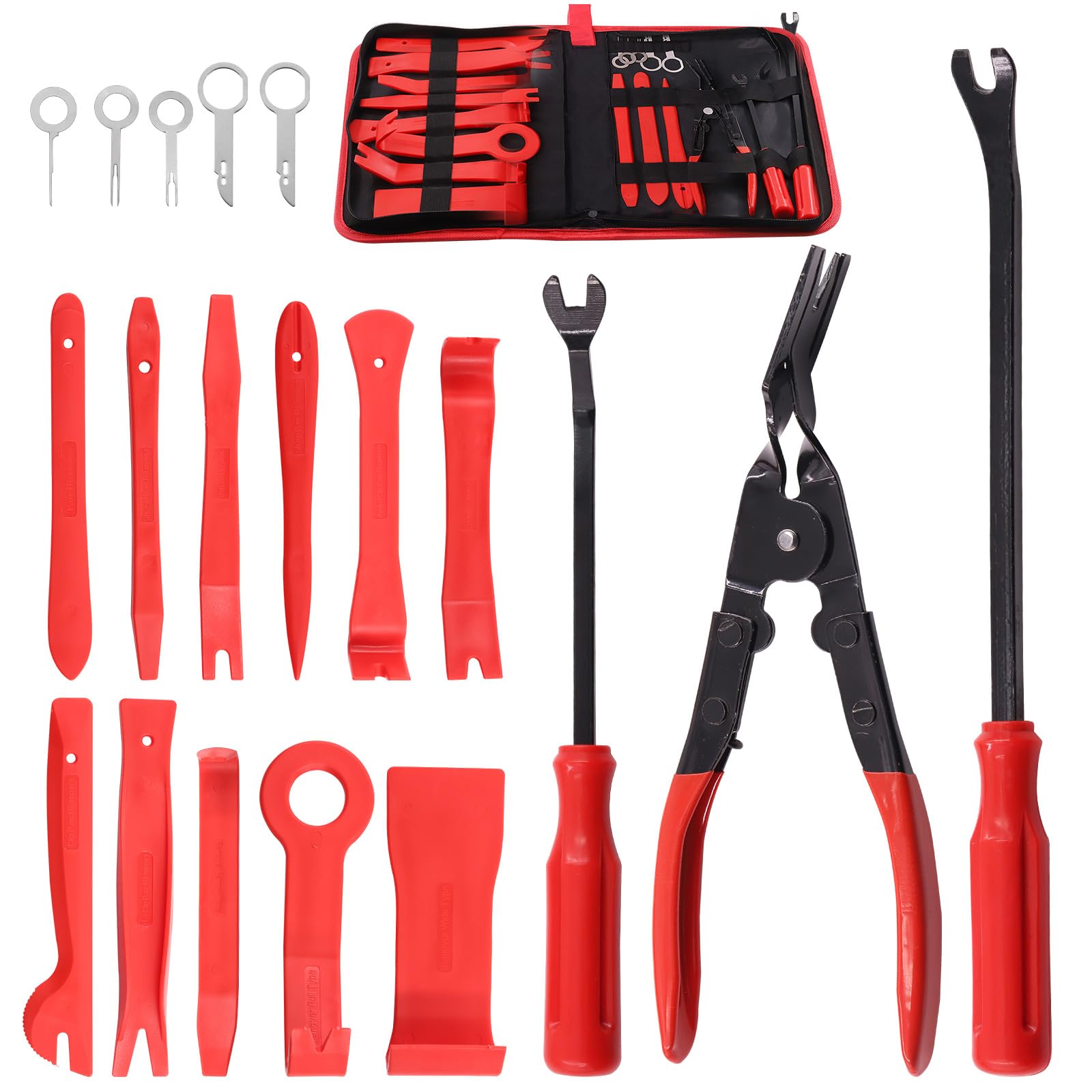 Wokape 19Pcs Red Trim Removal Tool mit Aufbewahrungstasche, Auto Panel Tür Audio Trim Removal Tool Kit, Auto Clip Zangen Befestiger Remover Pry Tool Set, Auto Clip Zangen Removal Install von Wokape