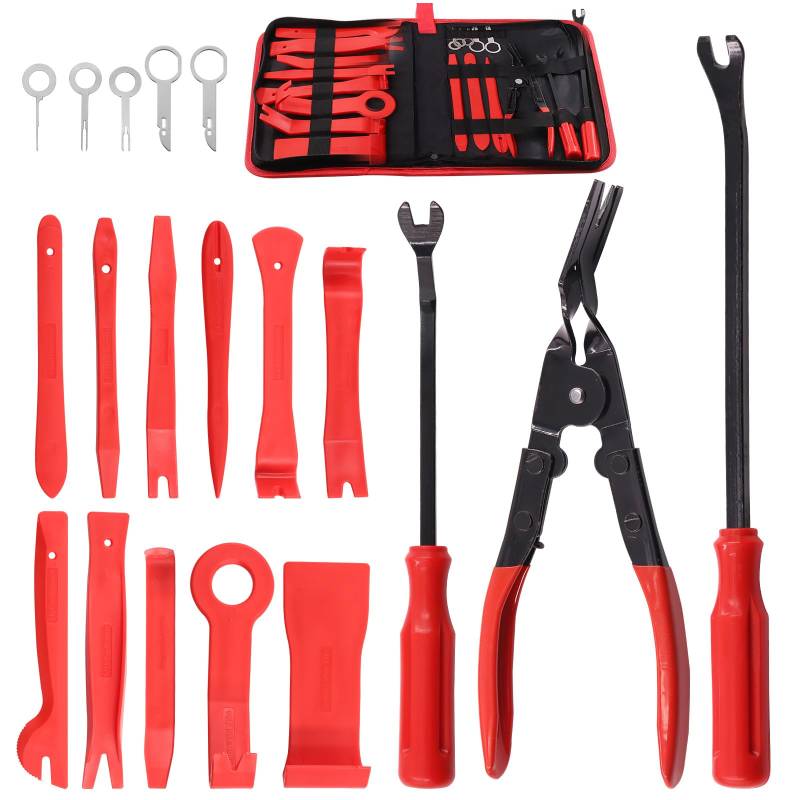 Wokape 19Pcs Red Trim Removal Tool mit Aufbewahrungstasche, Auto Panel Tür Audio Trim Removal Tool Kit, Auto Clip Zangen Befestiger Remover Pry Tool Set, Auto Clip Zangen Removal Install von Wokape