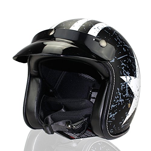 Woljay 3/4 Offener Sturzhelm, Helmet Motorrad-Helm Jet-Helm Scooter-Helm Halbhelme Adult Helm Flat mit Rebellen Schwarz + Weiß Star Graphic (L) von Woljay