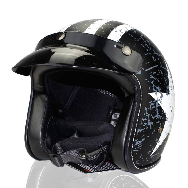 Woljay 3/4 Offener Sturzhelm, Helmet Motorrad-Helm Jet-Helm Scooter-Helm Halbhelme Adult Helm Flat mit Rebellen Schwarz + Weiß Star Graphic (M) von Woljay