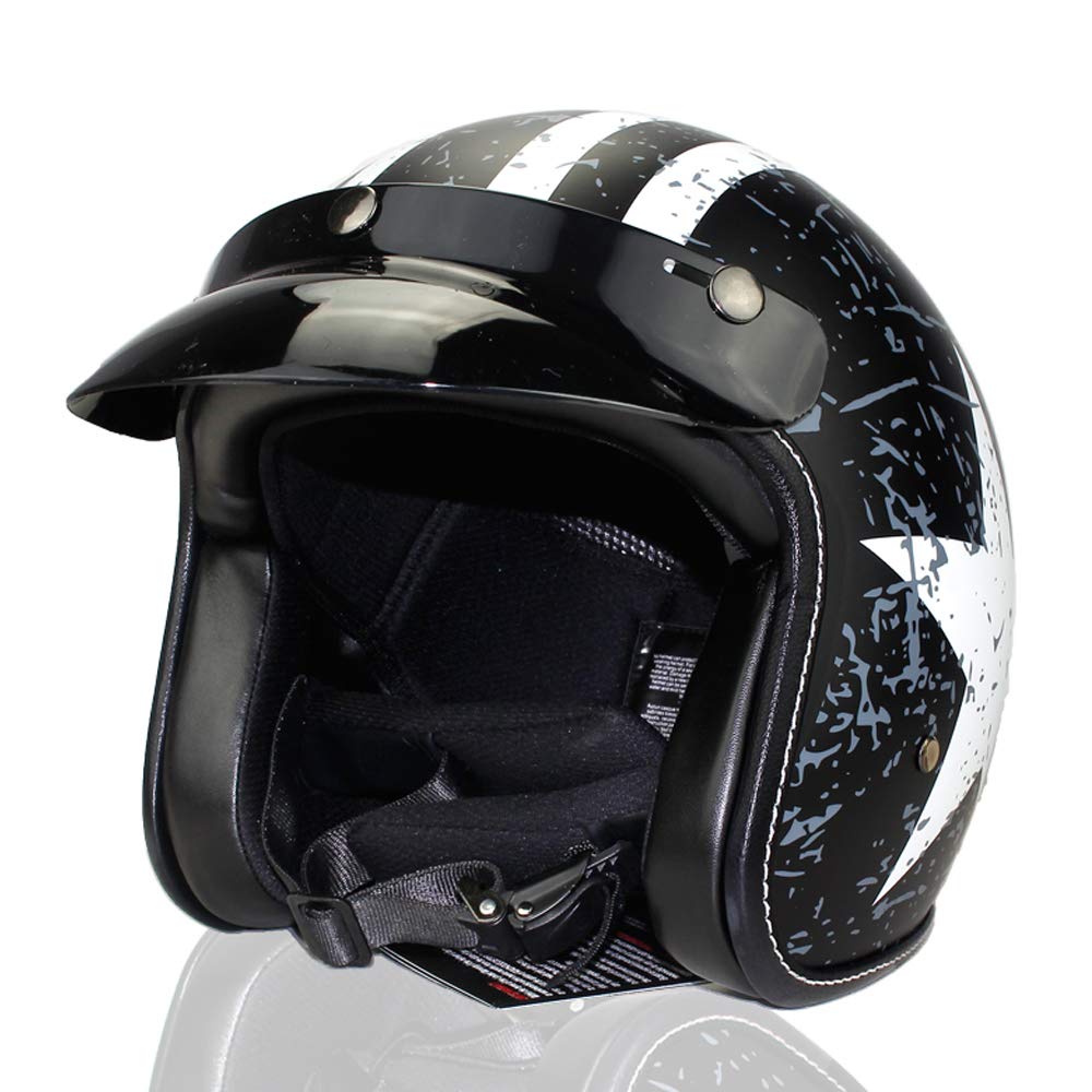 Woljay 3/4 Offener Sturzhelm, Helmet Motorrad-Helm Jet-Helm Scooter-Helm Halbhelme Adult Helm Flat mit Rebellen Schwarz + Weiß Star Graphic (XL) von Woljay