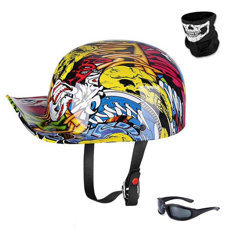 Woljay Jahrgang Jethelm Motorradhelm Retro Baseball Kappe Halbhelm Männer Frauen für Kreuzer Straße Roller Moped mit Maske Gläser - DOT Certified (Painting,XL) von Woljay