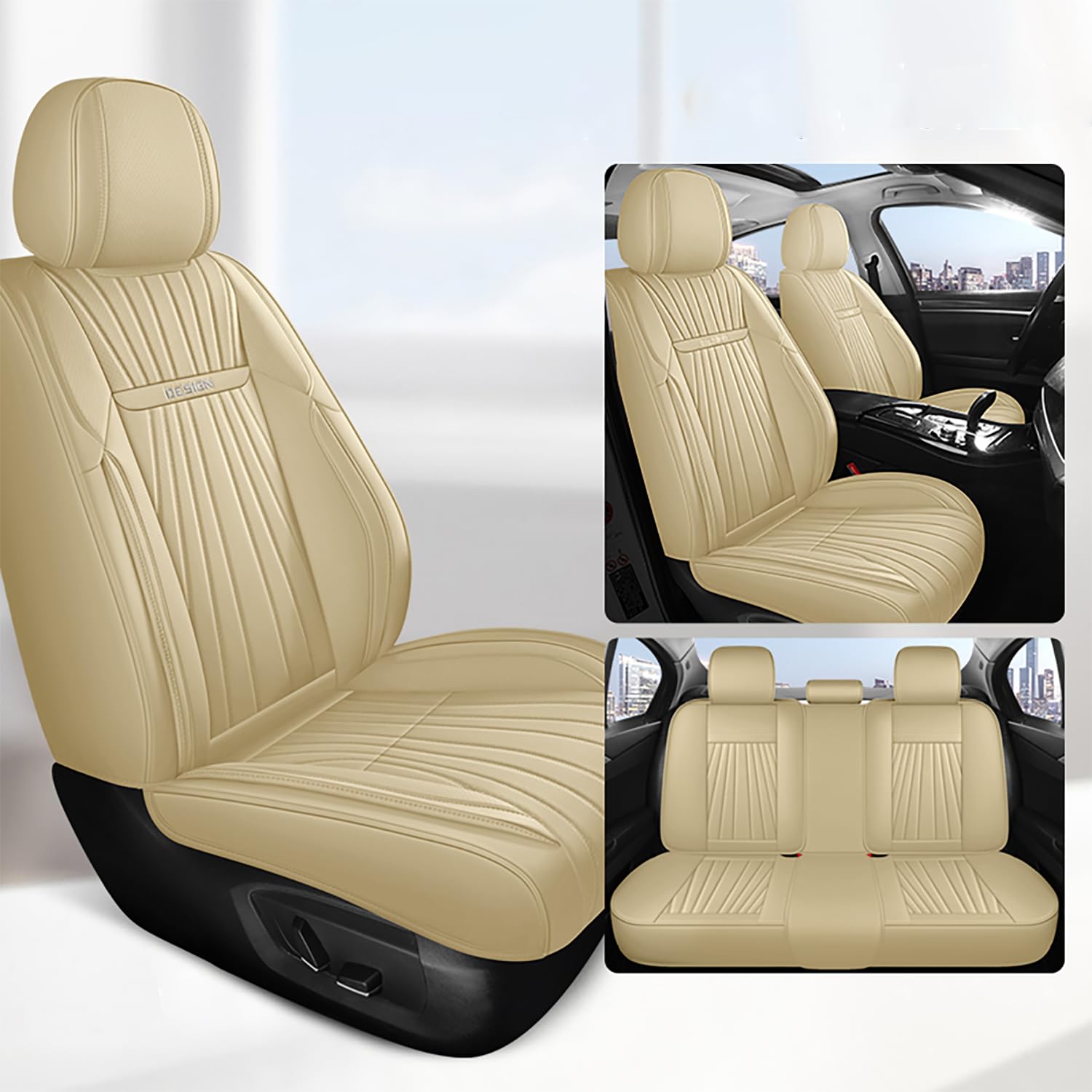 WongLi Autositzbezüge komplett Set Universal | Wasserdicht Leder Auto Sitzbezüge | Schonbezüge für Vordersitze & Rückbank | Sitzbezug Airbag Geeignet, Beige von WongLi