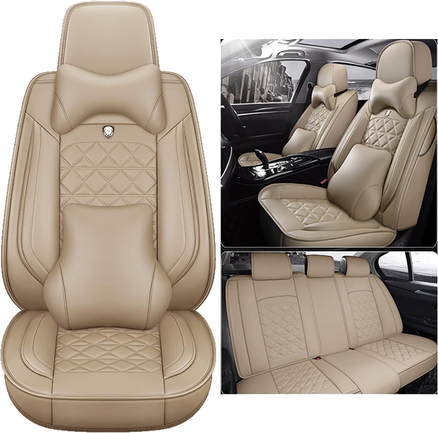 WongLi Autositzbezüge komplett Set Universal | Wasserdicht Leder Auto Sitzbezüge | Schonbezüge für Vordersitze & Rückbank | Sitzbezug Airbag Geeignet, Beige von WongLi