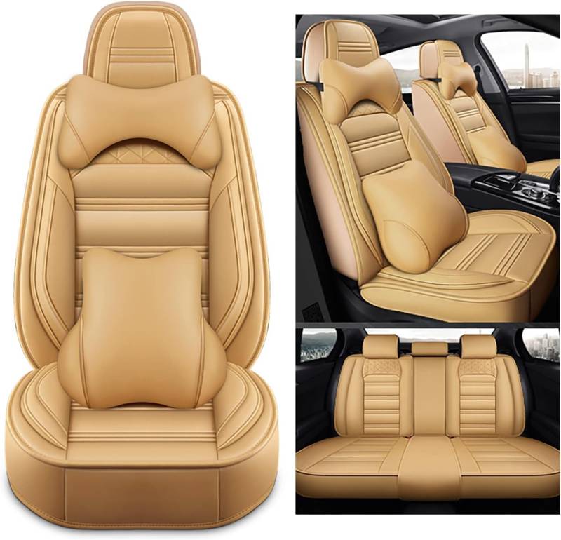 WongLi Autositzbezüge komplett Set Universal | Wasserdicht Leder Auto Sitzbezüge | Schonbezüge für Vordersitze & Rückbank | Sitzbezug Airbag Geeignet, Beige von WongLi