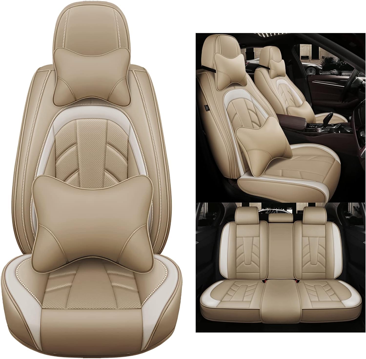 WongLi Autositzbezüge komplett Set Universal | Wasserdicht Leder Auto Sitzbezüge | Schonbezüge für Vordersitze & Rückbank | Sitzbezug Airbag Geeignet, Beige von WongLi