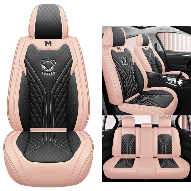 WongLi Autositzbezüge komplett Set Universal | Wasserdicht Leder Auto Sitzbezüge | Schonbezüge für Vordersitze & Rückbank | Sitzbezug Airbag Geeignet, Schwarz Rosa von WongLi