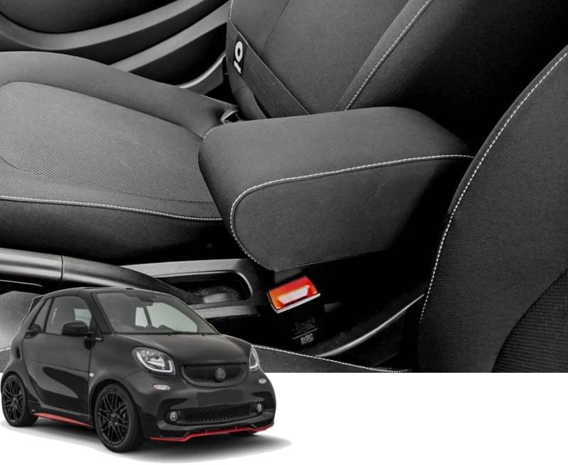 Armlehne kompatibel kompatibel mit Smart 453 ForTwo und ForFour und EQ auch mit USB/Kartensteckplatz - Schwarzer Stoff und weiße Nähte verstellbar und Stauraum Armlehne Fortwo und For Four von Wood Company Italy