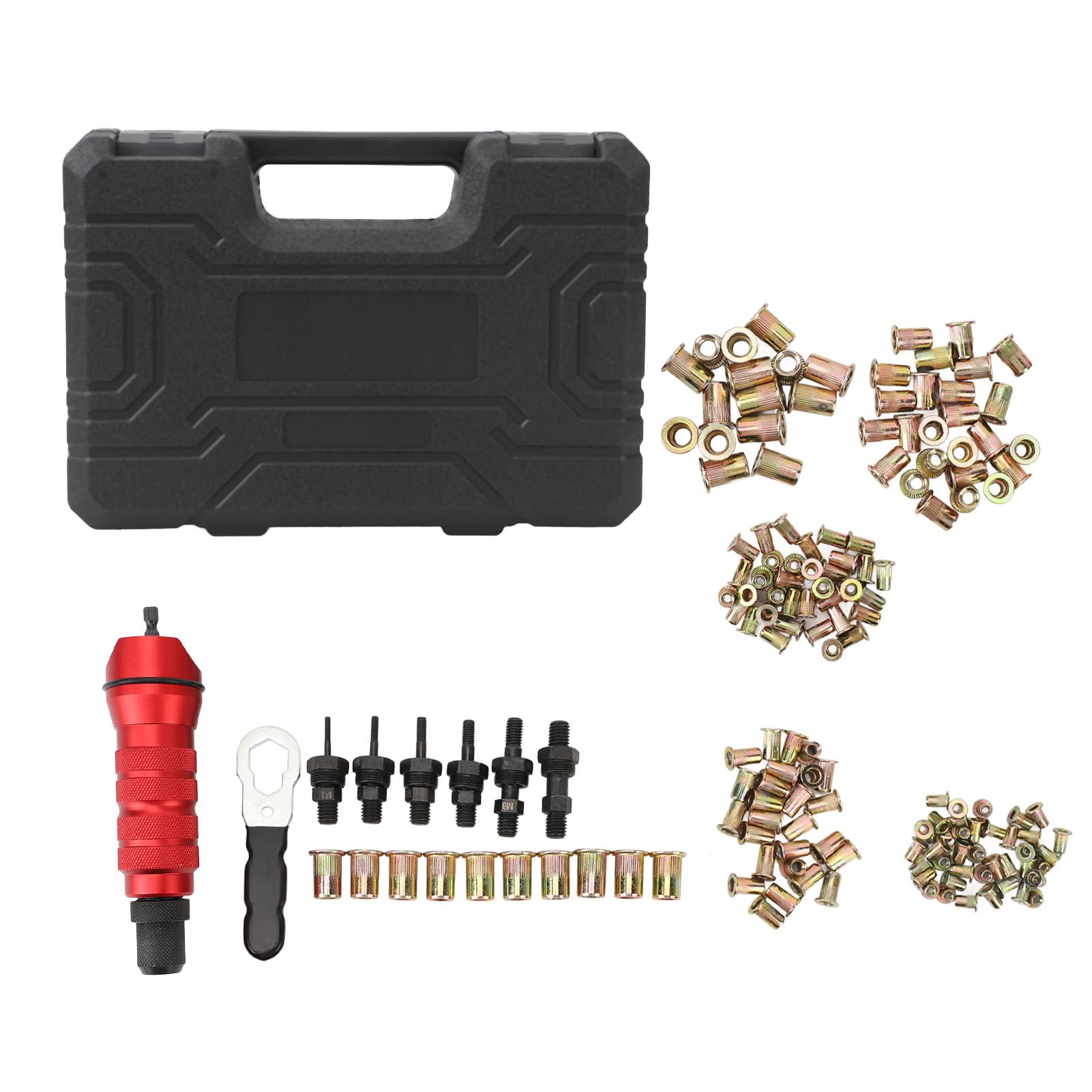 Woteenore Nietmutter -Bohradapter -Kit Elektrische Nieten -Bohrer -Adapter -Kit 2,4 mm-6,4 mm 6 austauschbare Nietköpfe 150 Muttern Rugged Traging Hülle von Woteenore