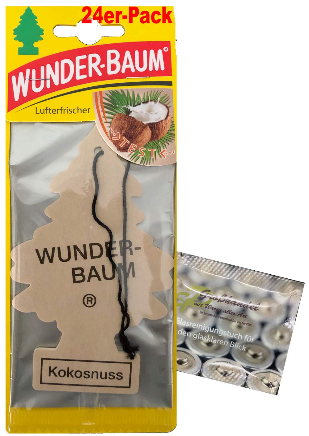 Wunderbaum 24er-Box Original Lufterfrischer Kokosnuss Duftbaum inkl. 1 x Glasreinigungstuch von SP Großhandel Gratiszugabe von WUNDER-BAUM