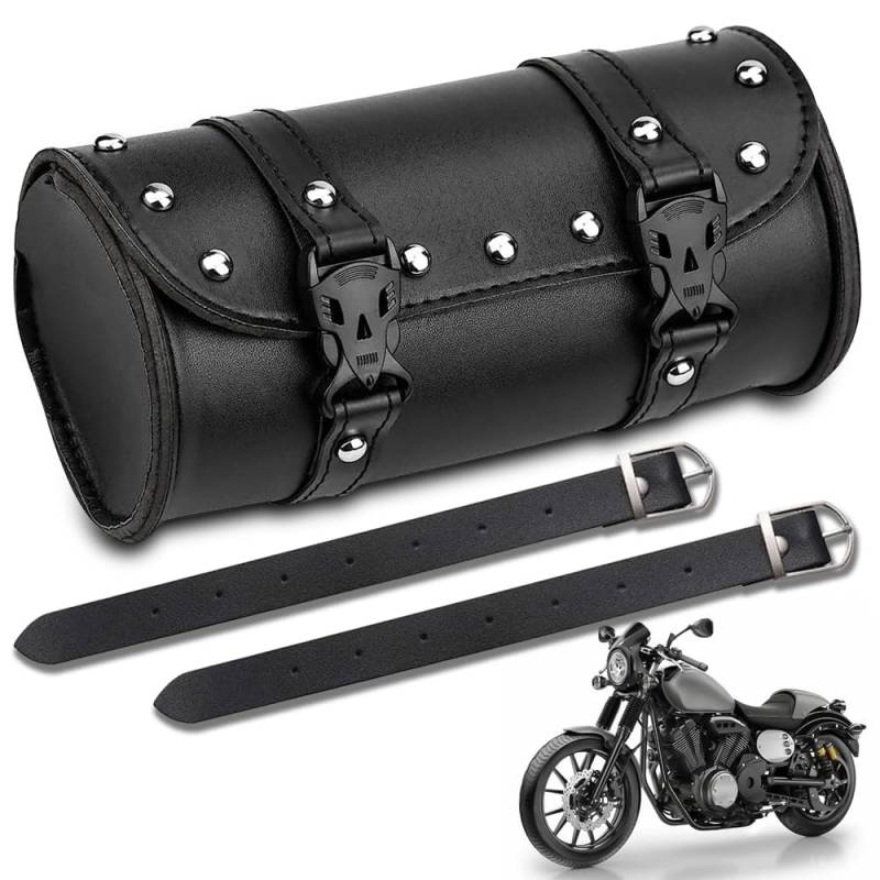 Wzhtuzi Leder wasserdichte Satteltasche, Motorrad Satteltasche, Runde Satteltaschen, PU Leder Motorrad Werkzeugtasche, Runde Motorradtasche, mit 2 Riemen, Schwarz von Wzhtuzi