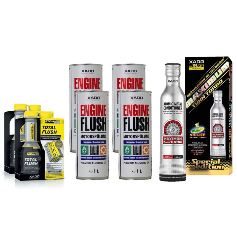 XADO Set für Motorreinigung/Motorspülung & Premium Additiv für Motor-Verschleißschutz - 2X Total Flush + 2X Spülöl + 1x TwinTurbo von XADO