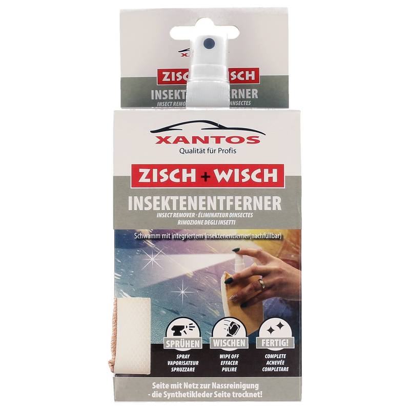 XANTOS Insektenentferner Auto - Zisch und Wisch All-in-One Duo Schwamm inklusive 40ml Sprühflasche klein mit Insektenreiniger für Auto, Wohnmobil oder Wohnwagen - Autopflege für zwischendurch von XANTOS