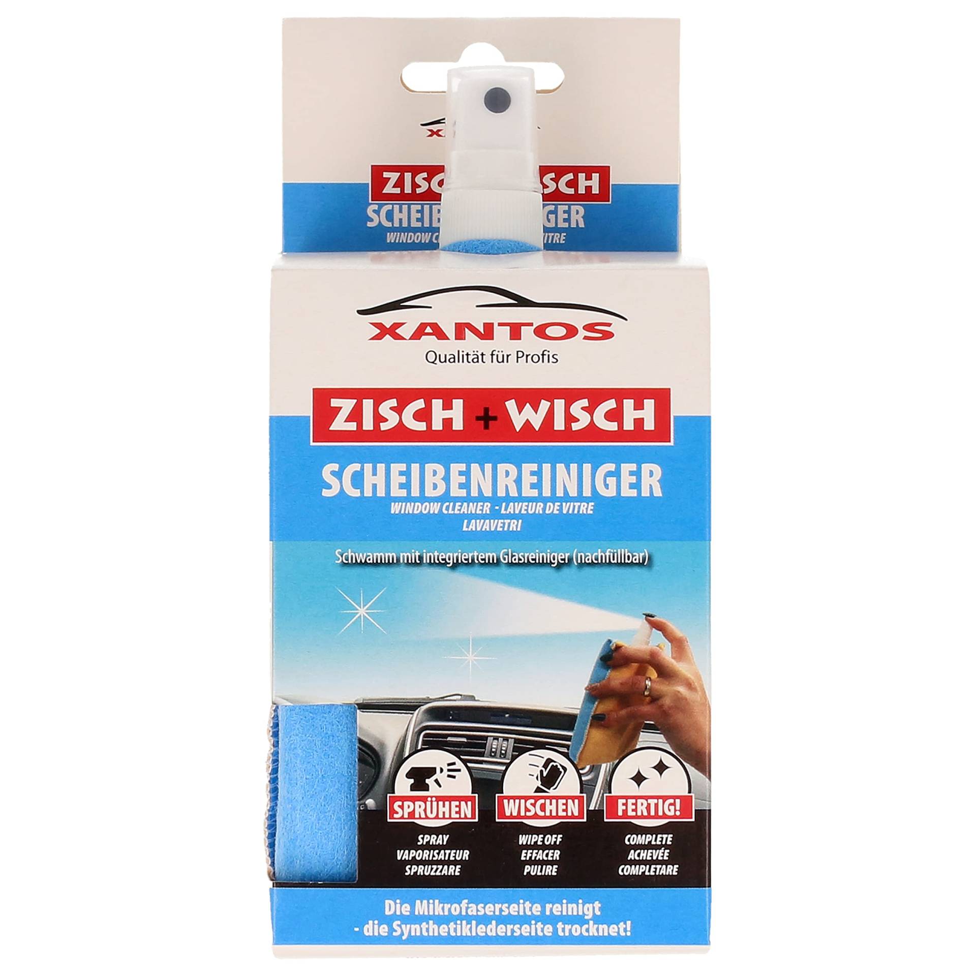 XANTOS Scheibenreiniger Auto - Zisch und Wisch All-in-One Duo Schwamm inklusive 40ml Sprühflasche klein mit Reiniger Konzentrat für Auto, Wohnmobil oder Wohnwagen - Autopflege für zwischendurch von XANTOS