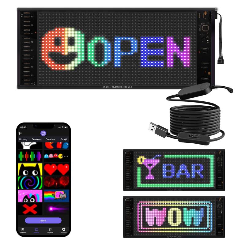 XAXVSTS Programmierbar LED Leuchtschild Dislplay | 43X 16cm | Led Anzeigetafel mit Bluetooth-App | Zweireihige led Laufschrift USB 5V | Vielseitig für Auto, LKW, Werbung & Party-Deko von XAXVSTS