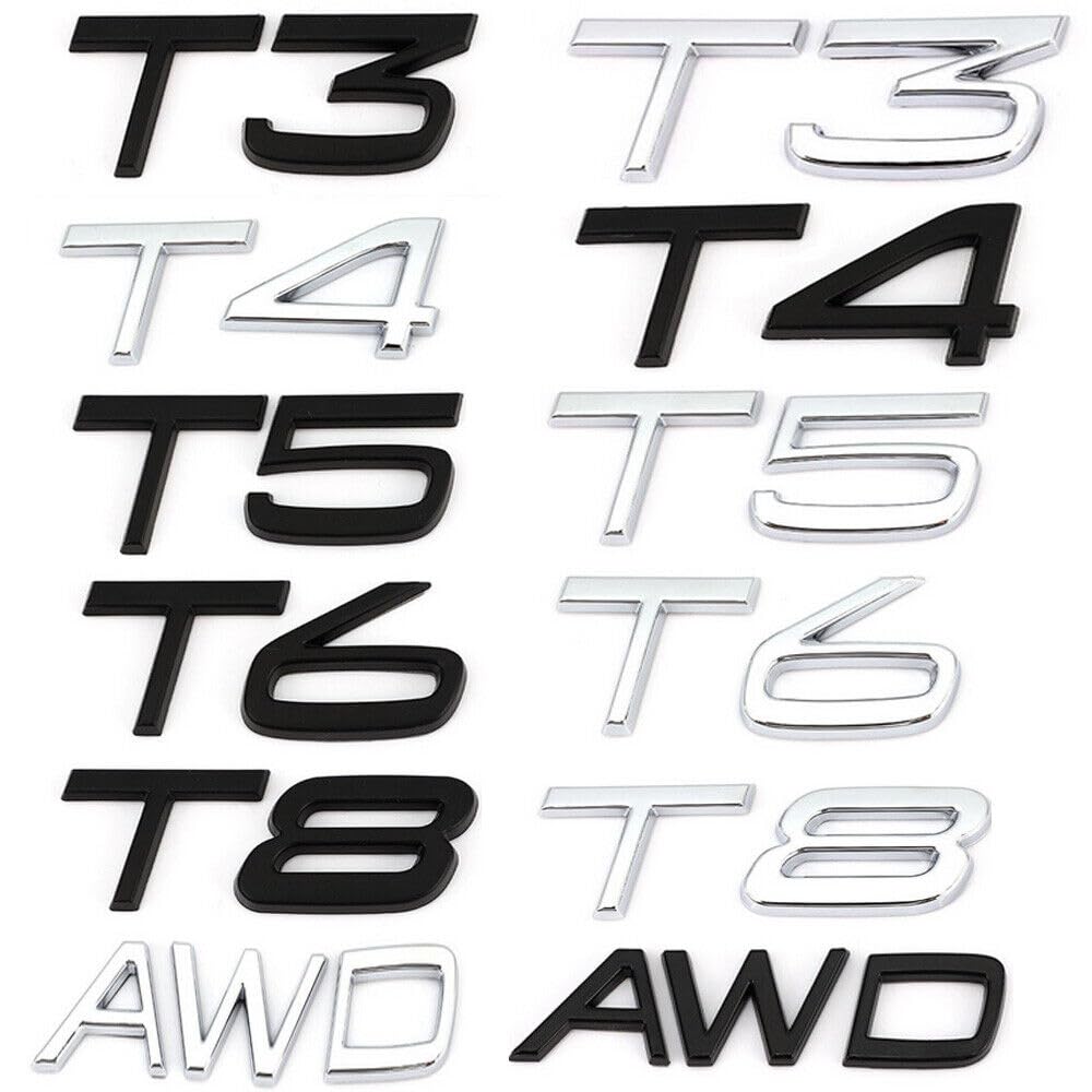 AWD T3 T4 T5 T6 T8 Schriftzug Embleme Aufkleber Logo Badge Auto XCBW passend für Volvo AWD T3 T4 T5 T6 T8(T5 Black) von XCBW