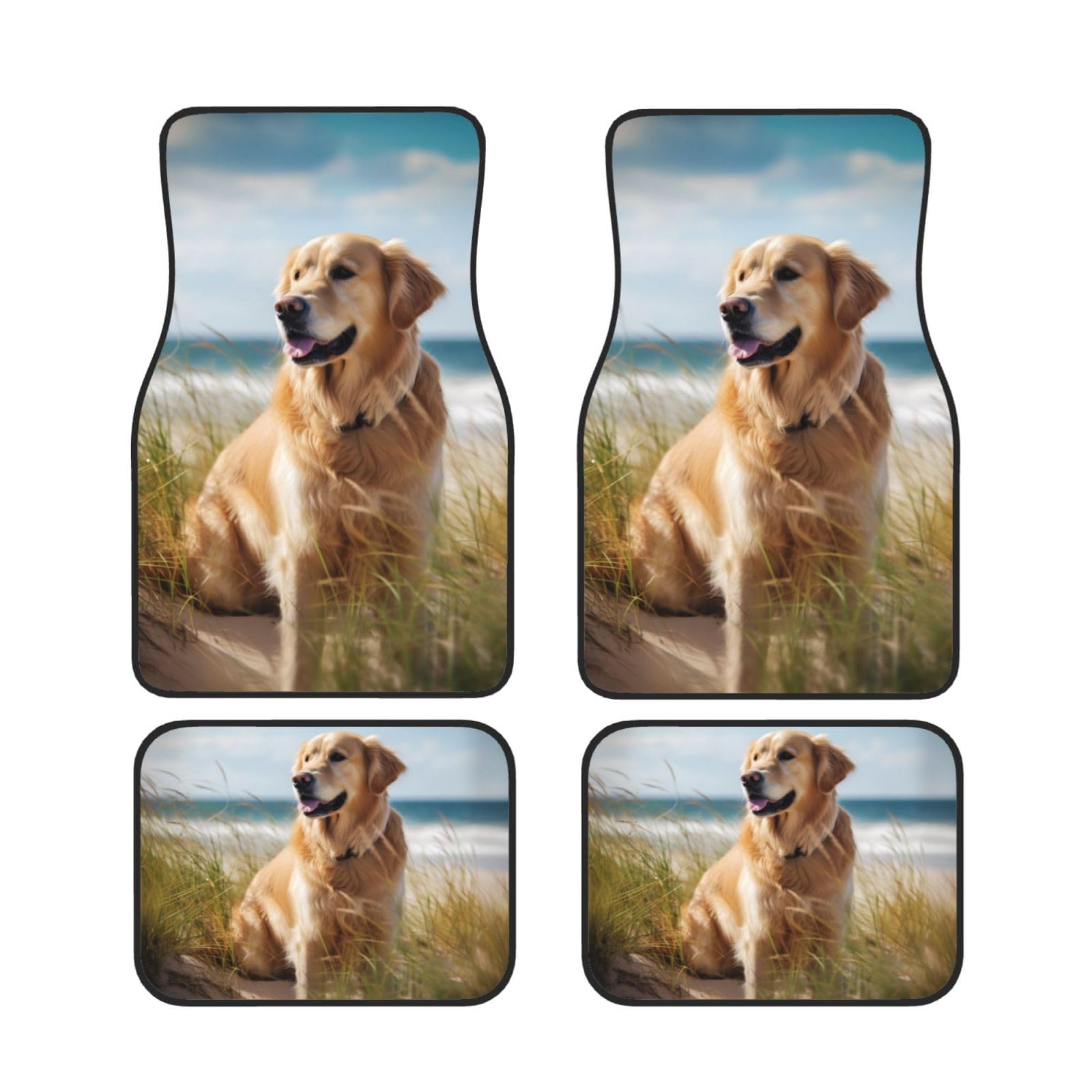 Golden Retriever On The Beach Automatten, 4-teiliges Set, dekorative Bodenmatte mit rutschfesten, wasserdichten Allwetter-Gummimatten, Universalmatten sind weit verbreitet in allen Arten von Autos von XDCYWBZDBC